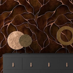 Brown Gold Abstract Wallpaper, Dark Botanical Peel & Stick Wallpaper Removable, Elegant Vintage Self Adhesive Art Deco Luxury Vinyl Bedroom
