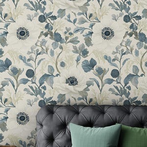 Flower Wallpaper, Soft Blue Botanical Peel 'n Stick Wallpaper Removable, Peony Wallpaper Gray, Vintage Self Adhesive Botanical Vinyl Bedroom