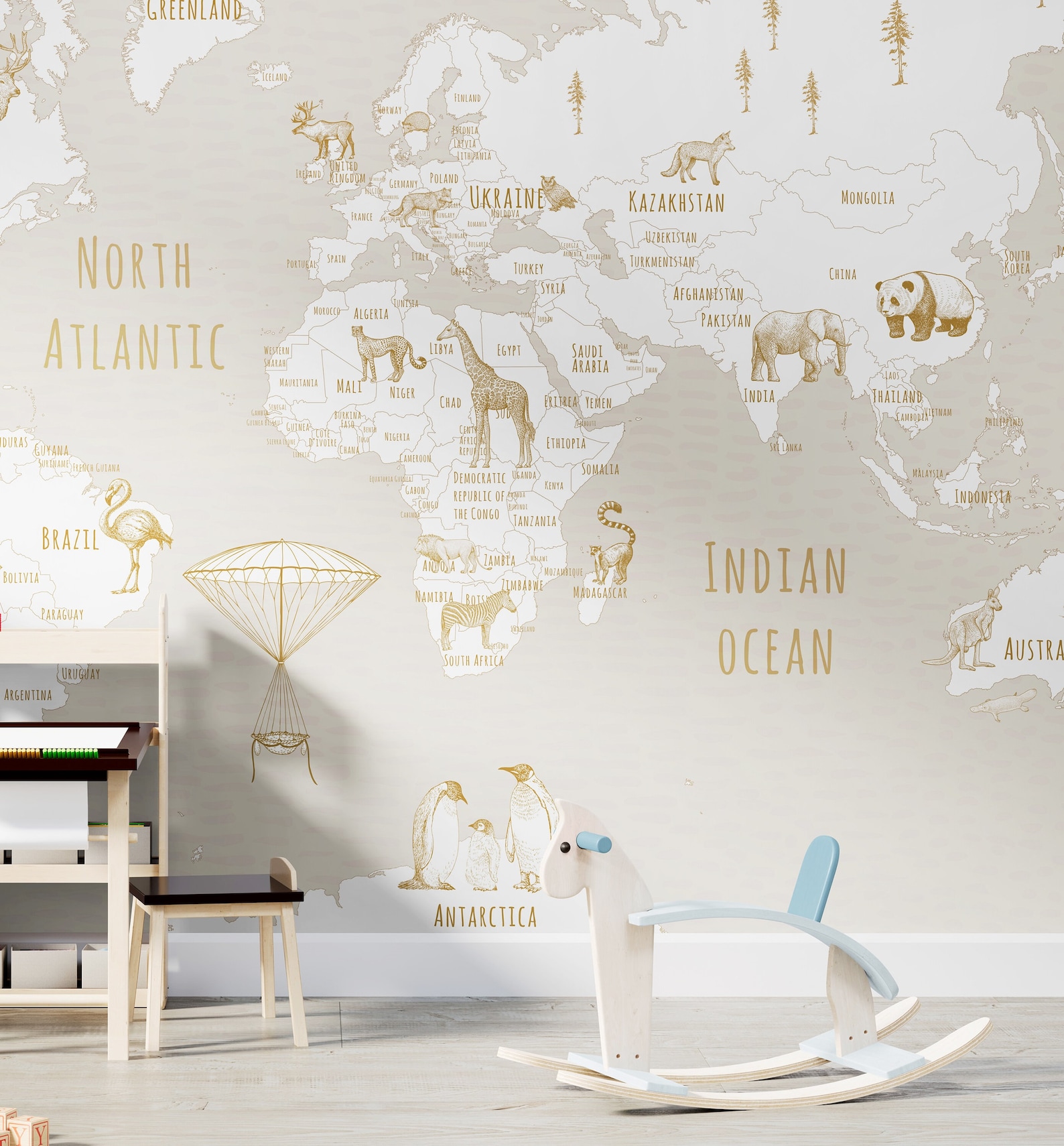 Animal World Map Kids Wallpaper Peel Stick Neutral, Unpasted Nursery ...