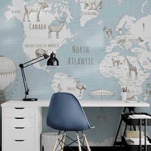 Tapete der Tiere der Weltkarte Blau Schälen & Aufkleben Neutral / Ungeklebt Kinderzimmer Kinderzimmer Spielzimmer Vinyl Erforschen Abnehmbarer Selbstklebender Lern- und Lernmittel