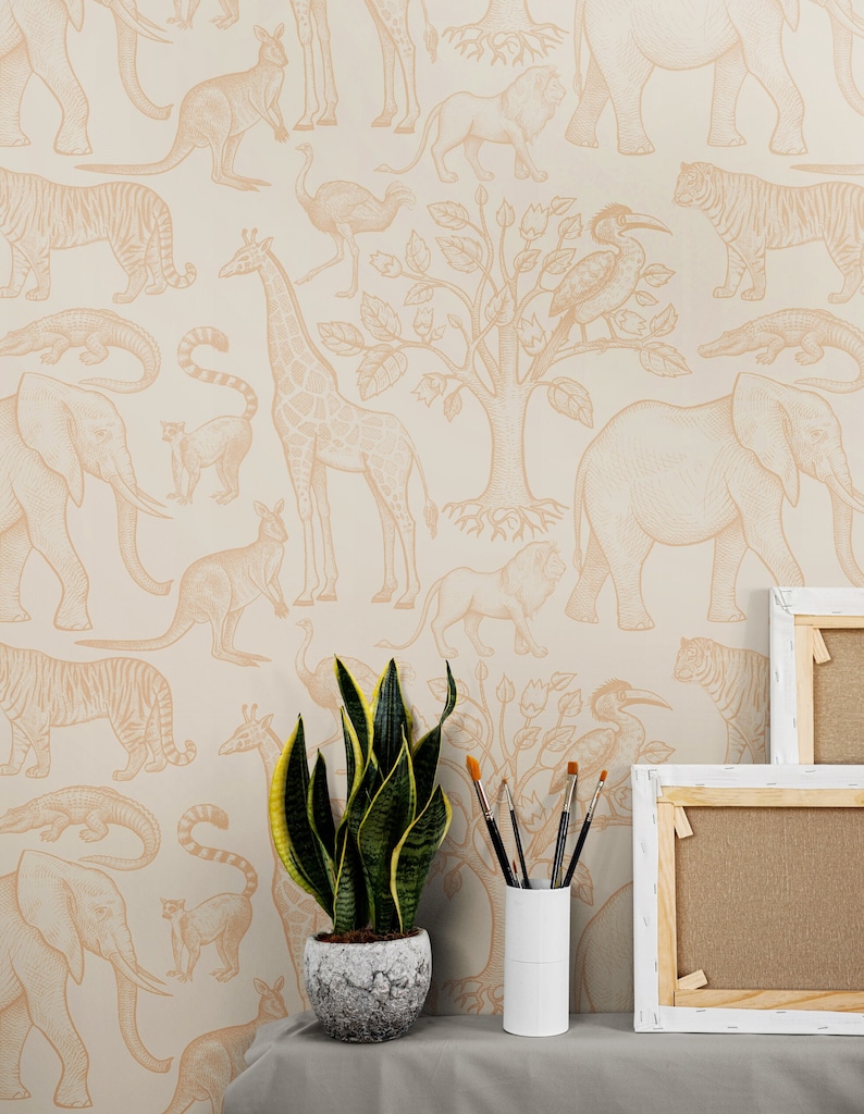 Animal Beige Wallpaper Nursery Peel & Stick / Unpasted, Boho Jungle ...