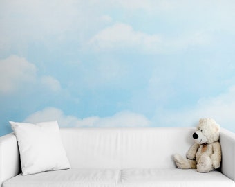 White Clouds Wallpaper Peel & Stick Kids Nursery, Removable Blue Sky Pastel Vinyl Self Adhesive Wallpaper Neutral Girl Room Wall Mural Decor