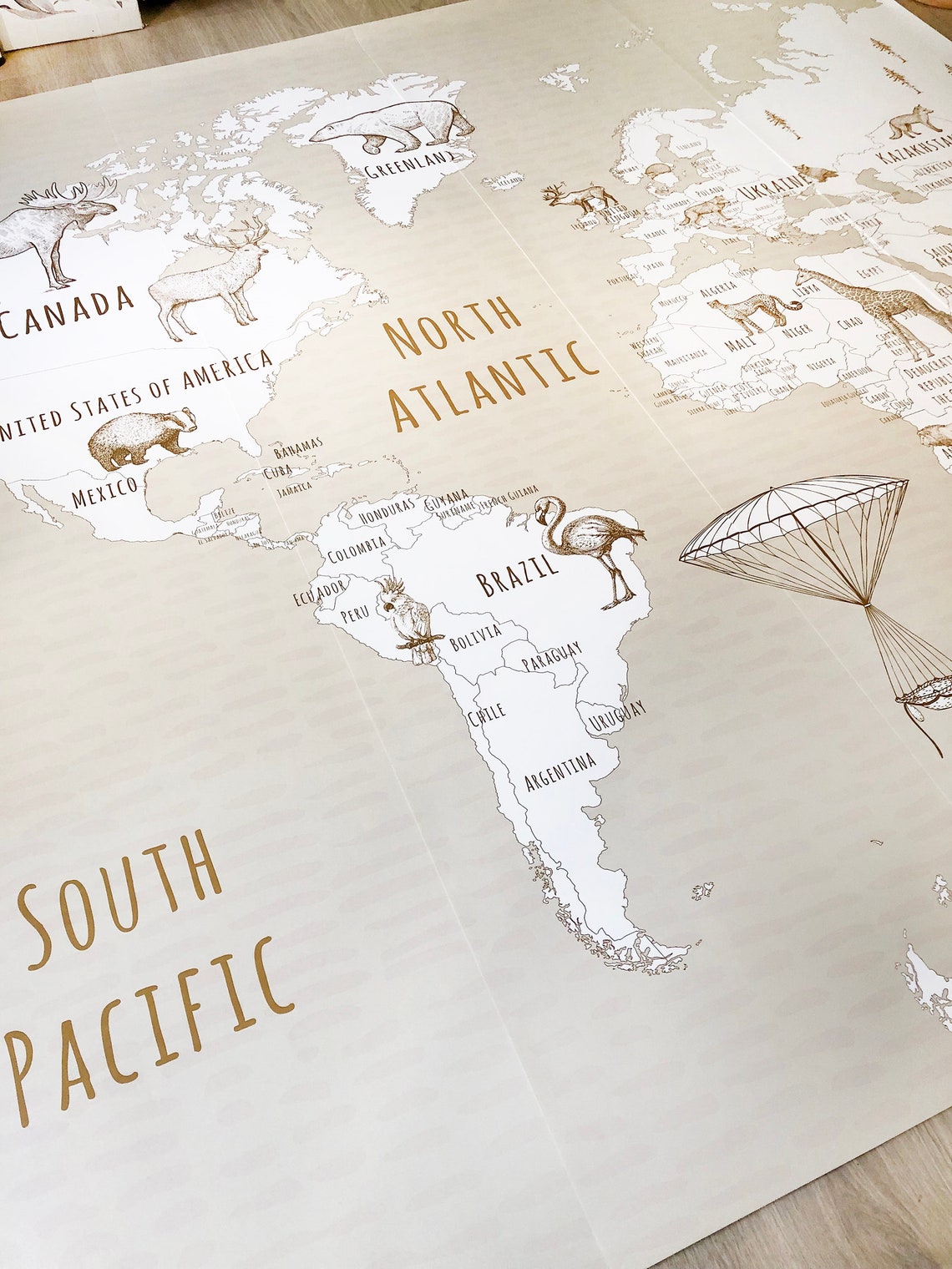 Animal World Map Kids Wallpaper Peel Stick Neutral, Unpasted Nursery ...