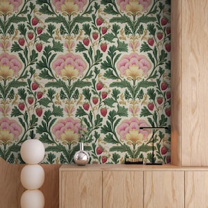 Carta da parati Art Deco con fiori rosa, stacca e attacca, in vinile rimovibile / Carta da parati autoadesiva tradizionale, verde, popolare, vintage, per bagno e cucina