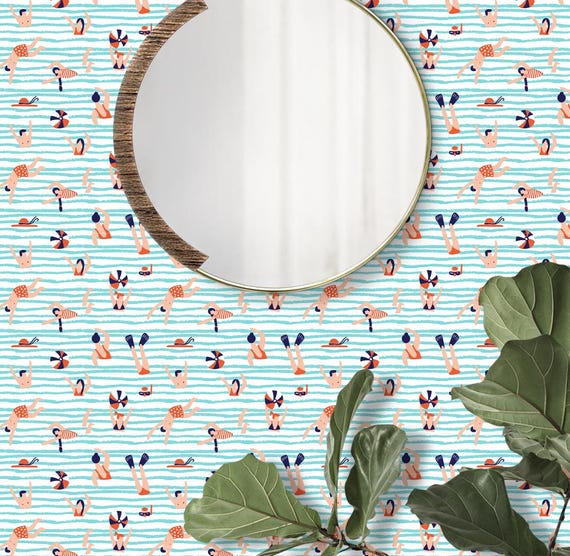 Swimmers Bathroom Wallpaper Vinyl Peel Stick Removable, Fun Retro Blue Sea Mural Tropical Summer Swim Vintage Self Adhesive Wallpaper Decor