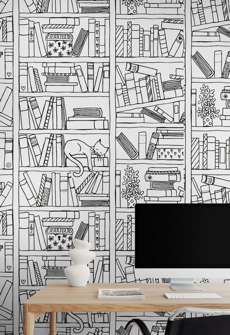 black and white books wallpaper peel and stick
