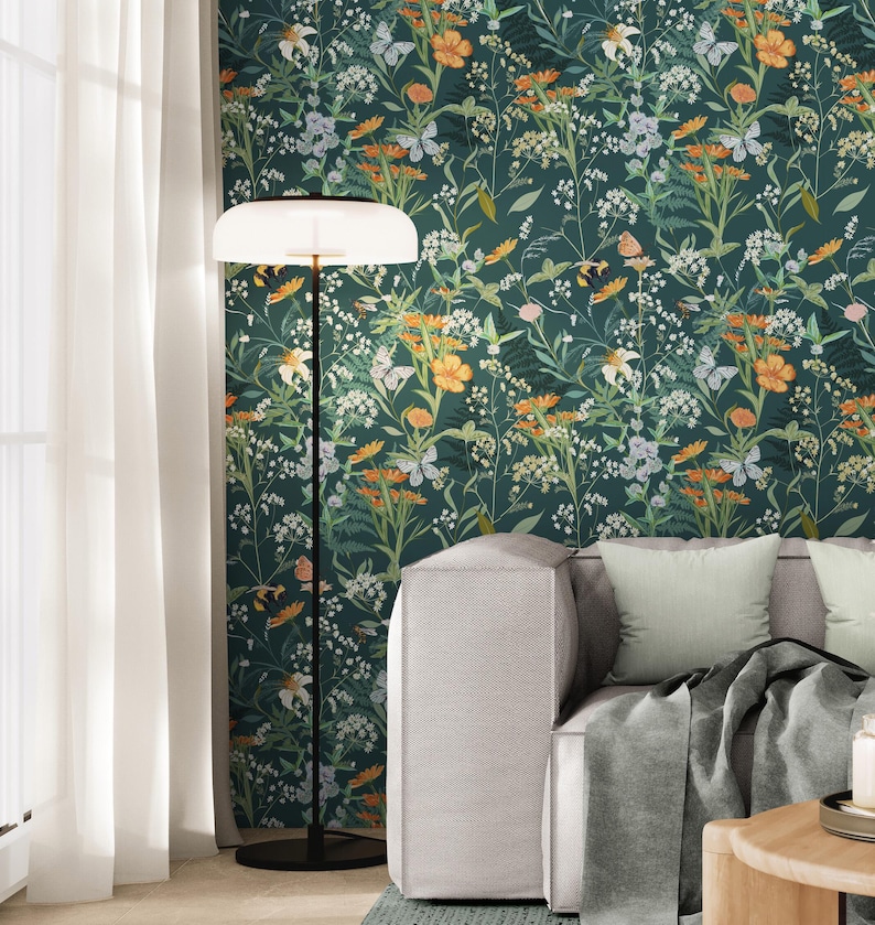 Wildflowers Wallpaper Dark Green