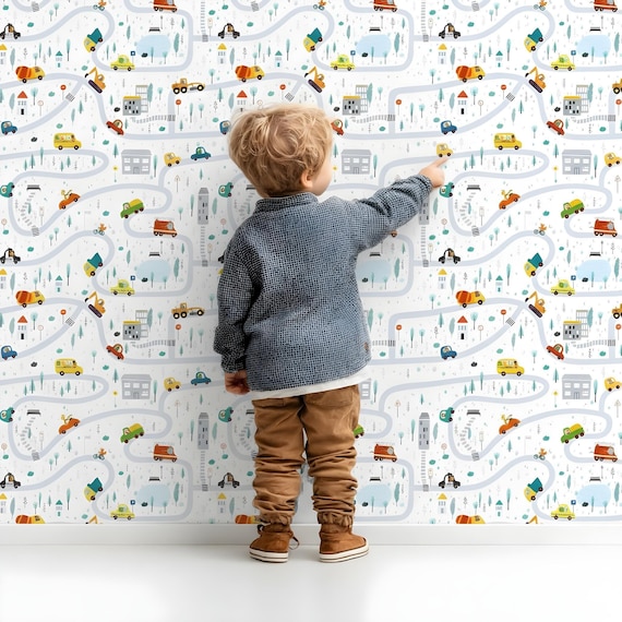 Cars Boys Wallpaper Peel & Stick, Unpasted Nursery Cute Animals Playroom Bedroom Wallpaper, Cartoon Trucks Removable Self Adhesive Wallpaper