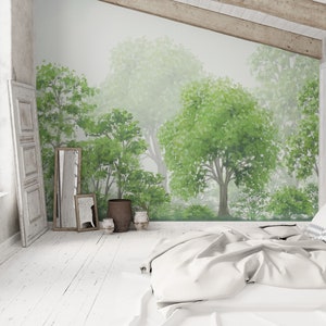 Forest Kids Wallpaper Peel Stick Vinyl / Unpasted, Green Woodland Self Adhesive Wallpaper Landscape Tree Nursery Bedroom Playroom Wall Mural