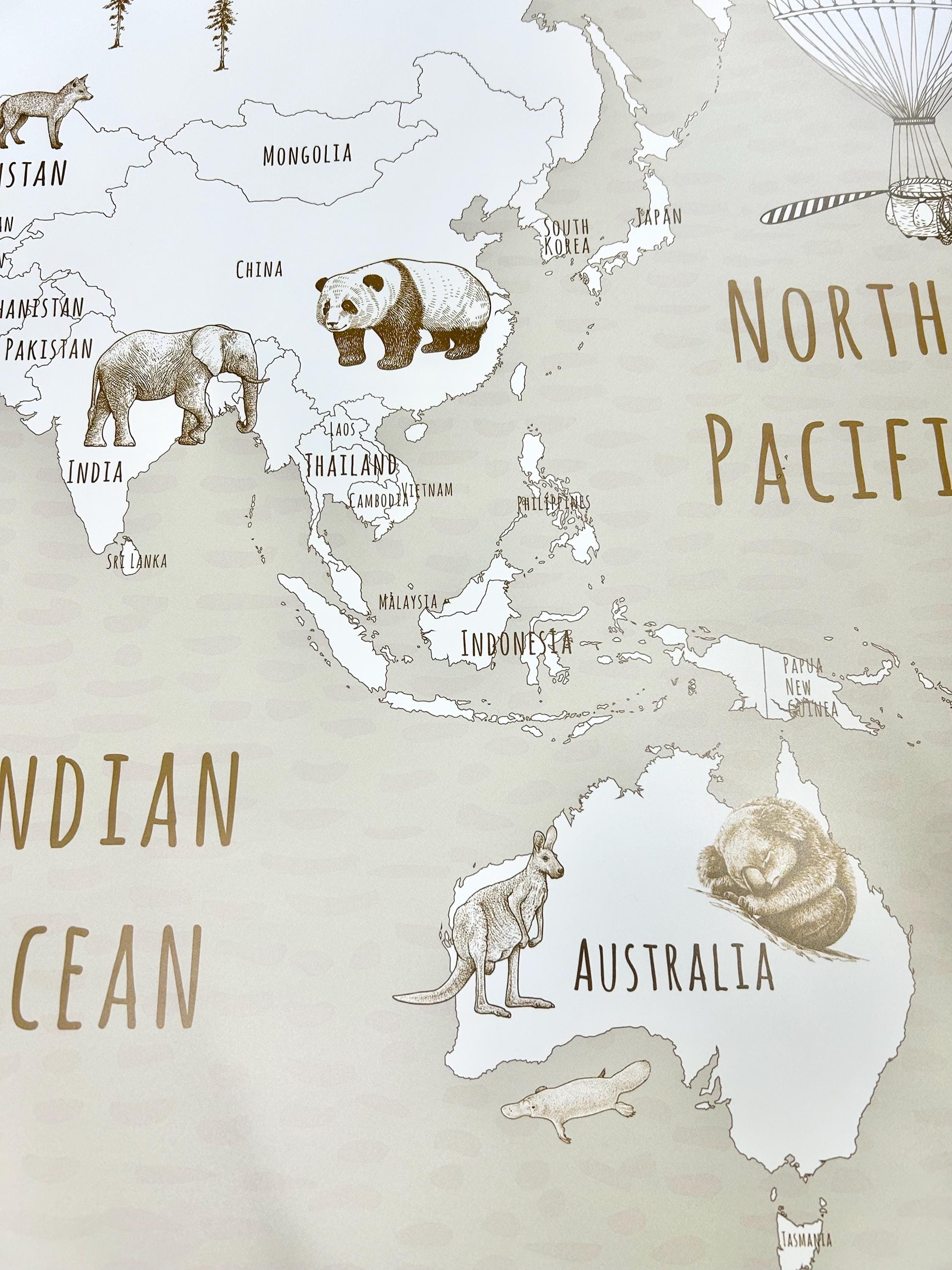 Buy Animal World Map Kids Wallpaper Peel Stick Neutral, Unpasted ...