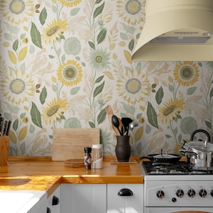 Sonnenblumen Tapetenschälstock Abnehmbarer / Ungeklebter, Aquarell Botanischer Beige Gelb selbstklebende Vinyltapete Küche Schlafzimmer Wandbild