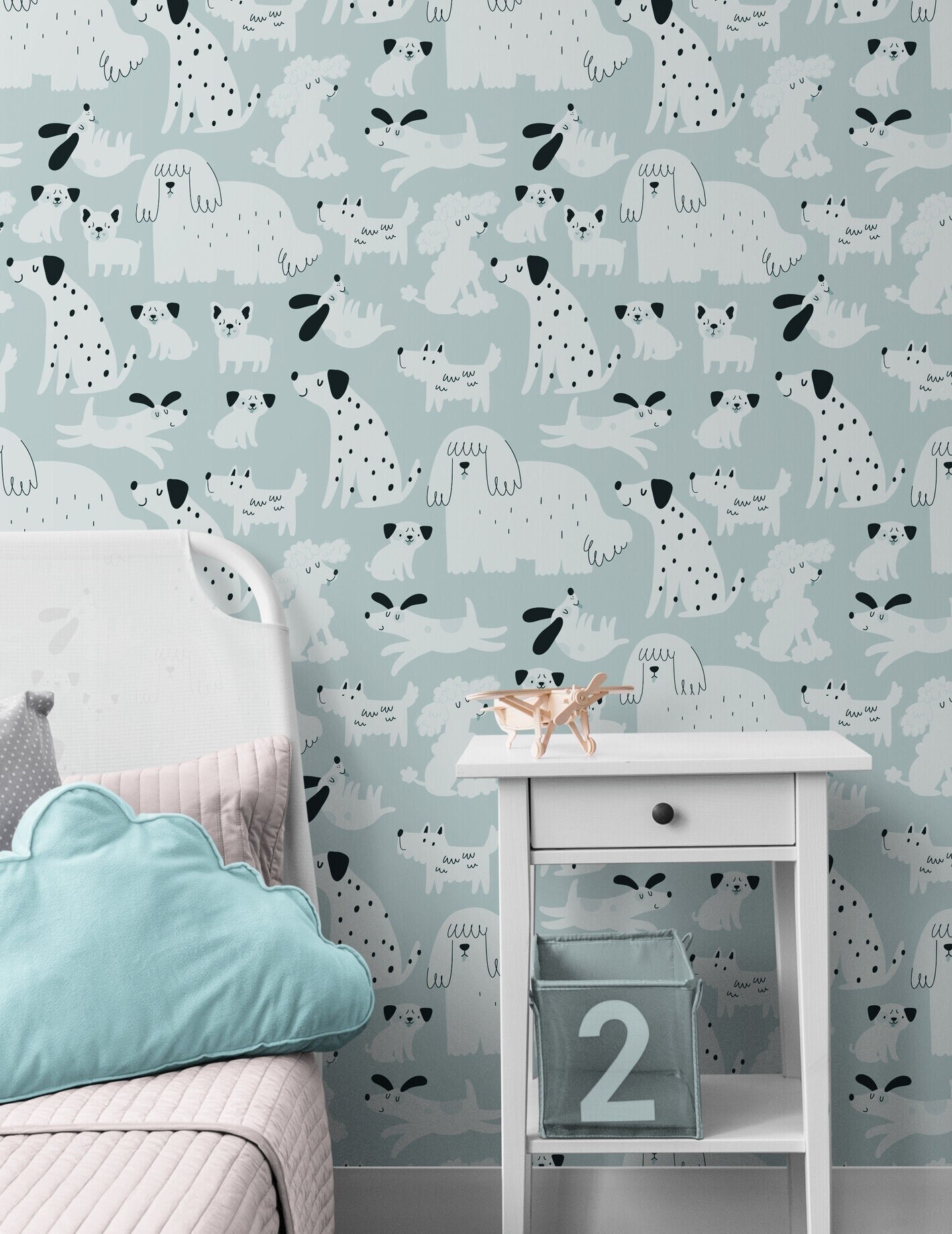 Dogs Wallpaper Peel Stick for Boys Room, Removable, Unpasted, Traditional, Kids Bedroom Blue Vinyl Self Adhesive Wallpaper Nursery Decor