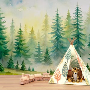 May include: A whimsical scene featuring a watercolor forest backdrop with green and yellow hues. A small teepee with leaf and geometric patterns sits in front of the forest. A toy train and stuffed animals, including a leopard and monkey, complete the playful setting.