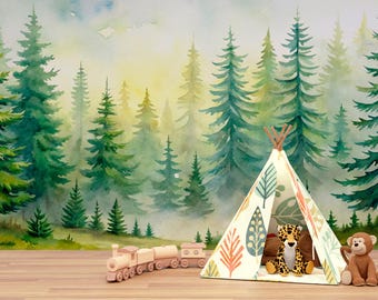 Carta da parati adesiva Forest per cameretta dei bambini, carta da parati Woods Pine Tree per camera da letto di ragazzi e ragazze, murale autoadesivo rimovibile per sala giochi con acquerello