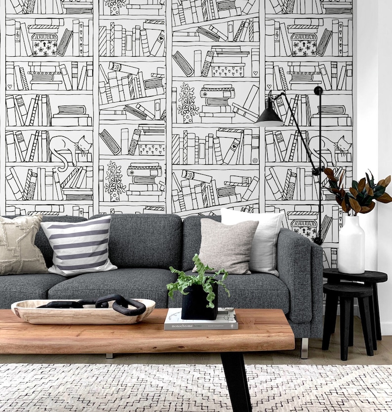 Minimalist Bookshelves Wallpaper Black and White