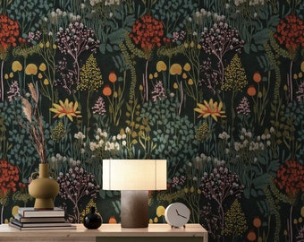 Whimsical Forest Wallpaper Peel & Stick Removable Dark Green Botanical Self Adhesive Vinyl Wallpaper Bathroom Kitchen Living Room Wall Mural