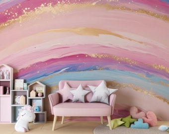 Girls Rainbow Wallpaper Peel & Stick Vinyl Removable, Unpasted Gold Pink Watercolor Self Adhesive Wallpaper Nursery Room, Bedroom Wall Mural