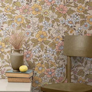 Carta da parati botanica floreale beige staccabile e adesiva rimovibile / non incollata tradizionale, carta da parati floreale retrò boho per camera da letto, autoadesiva vintage