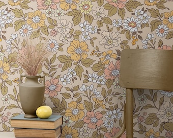 Beige Floral Botanical Wallpaper Peel & Stick Removable / Unpasted Traditional, Boho Retro Flower Wallpaper Bedroom, Vintage Self Adhesive