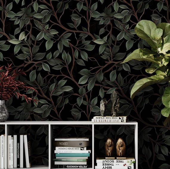 Dark Botanical Wallpaper Peel & Stick Removable, Vintage Green Tree Foliage Self Adhesive Vinyl Wallpaper, Forest Leaves Bedroom Wall Decor