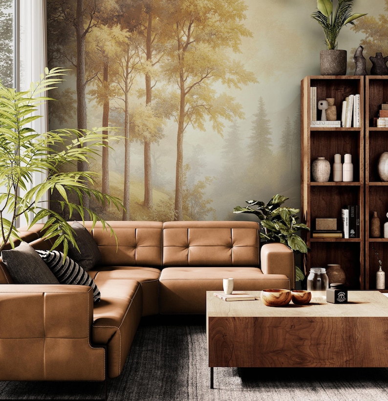 Vintage Forest Landscape Wallpaper Peel & Stick Vinyl, Beige Self ...