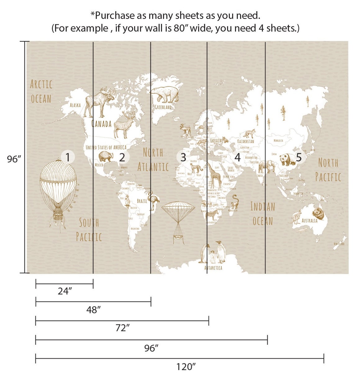 Animal World Map Kids Wallpaper Peel Stick Neutral, Unpasted Nursery ...