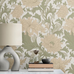 Carta da parati Art Nouveau, vinile rimovibile, adesivo staccabile, William Morris Botanical Beige Floral Vintage Flower, decorazione da parete per soggiorno