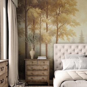 Vintage Forest Landscape Wallpaper Peel & Stick Vinyl, Beige Self Adhesive Removable Wallpaper Bedroom Woodland Tree Wall Mural Rustic Decor