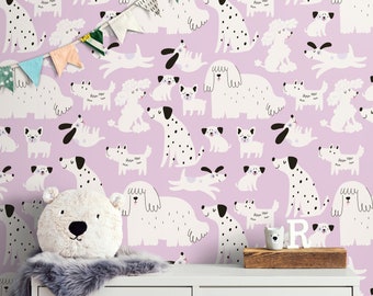 Papier peint chien pour chambre de fille, amovible, non collé, traditionnel, papier peint auto-adhésif en vinyle rose pour chambre d'enfant, décoration de chambre d'enfant