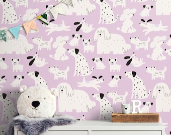Dogs Wallpaper Peel Stick for Girls Room, Removable, Unpasted, Traditional, Kids Bedroom Pink Vinyl Self Adhesive Wallpaper Nursery Decor