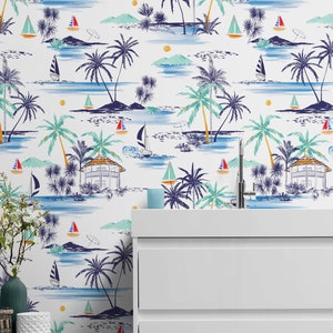 Coastal Wallpaper Vinyl Peel and Stick Removable, Retro Surf Blue Palm ...