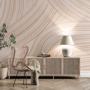 Carta da parati adesiva con linee astratte beige, rimovibile, in vinile, non incollata, carta da parati autoadesiva geometrica boho pastello, per camera da letto e cucina.