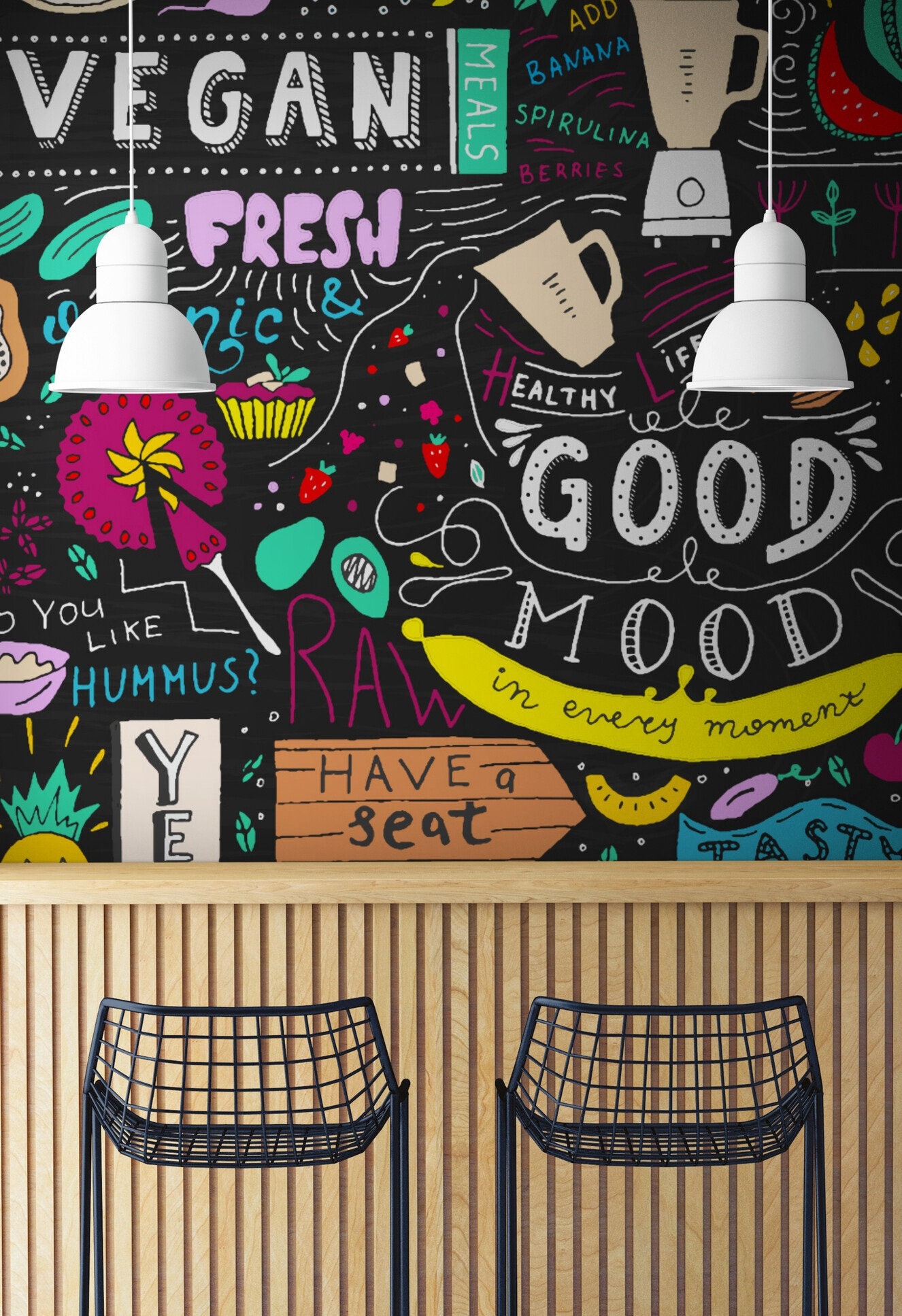 Black Kitchen Wallpaper, Vegan Food Peel & Stick Vinyl / Unpasted