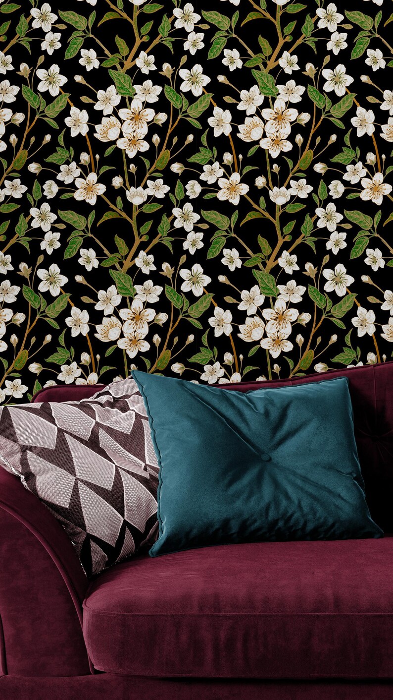 Buy White Flowers Dark Green Wallpaper, Retro Botanical Peel & Stick