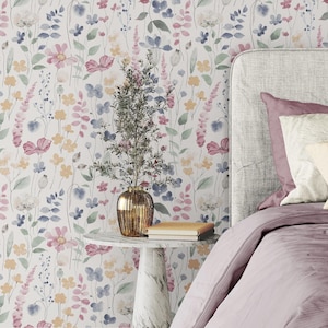 Pastel Wildflowers Botanical Wallpaper Peel & Stick Vinyl Removable, Girls Nursery Self Adhesive Watercolor Beige Floral Bedroom Wallpaper