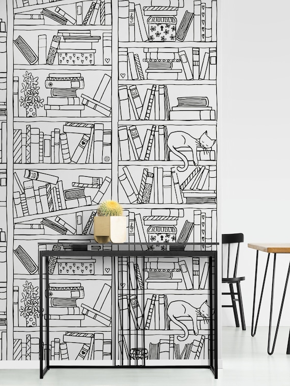 Bookcase Wallpaper Black White, Bookshelves Peel & Stick Vinyl / Unpasted Home Office Decor, Removable Kids Room Sketch Self Adhesive Mural