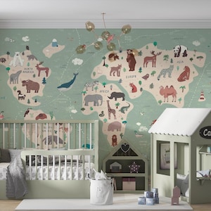 Kinderzimmer Weltkarte Tier Tapete Peel Stick Neutral, Kinderzimmer Kinderzimmer Spielzimmer Vinyl Wandbild Entfernbar selbstklebendes pädagogisch Dekor