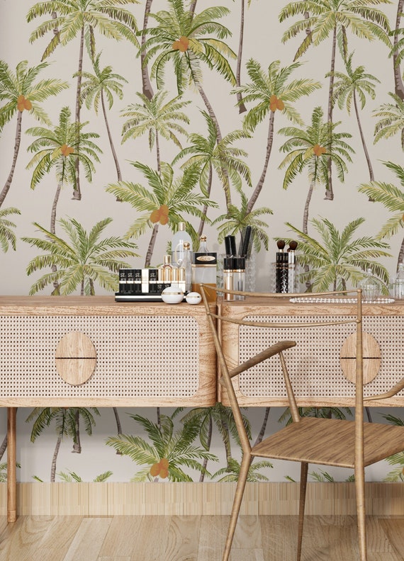 Retro Palm Tree Wallpaper Vinyl Peel Stick / Unpasted Removable, Tropical Vintage Palm Boho Self Adhesive Coastal Wallpaper Bedroom Bathroom