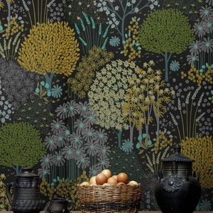 Whimsical Forest Wallpaper Peel Stick Removable / Unpasted, Dark Green Botanical Self Adhesive Vinyl Wallpaper Bathroom Kitchen Living Room