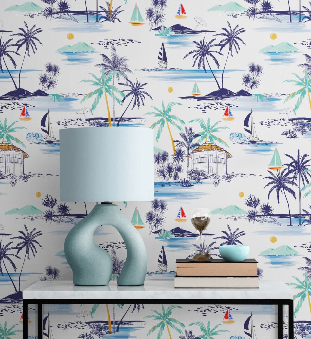 Coastal Wallpaper Vinyl Peel and Stick Removable, Retro Surf Blue Palm ...