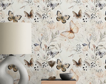 Vlinderbehang Peel Stick verwijderbaar/niet geplakt Traditioneel beige botanisch zelfklevend behang wilde bloemen behang slaapkamermuurschildering