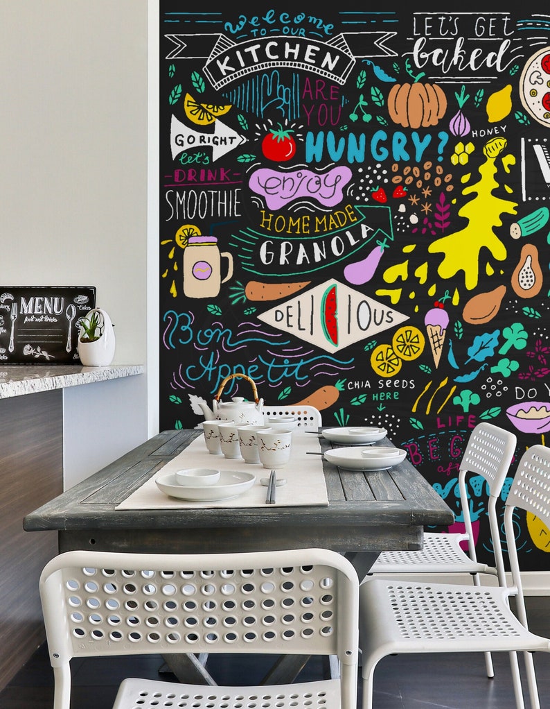 Black Kitchen Wallpaper, Vegan Food Peel & Stick Vinyl / Unpasted