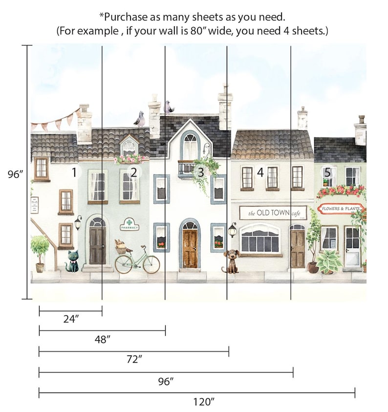 Wallpaper Vintage Nursery City Houses Dog Cat Cafe Restaurant