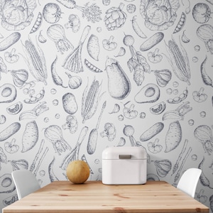 Veggie Küchen Tapete Schälen & Stick Abnehmbare, schwarz Weiße Vintage Gemüse Selbstklebende Vinyl Tapete Retro Kochen Wandbild