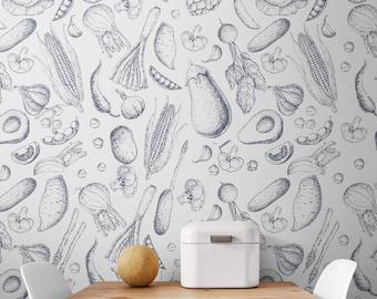 Veggie Kitchen Wallpaper Peel & Stick / Unpasted Removable, Black White Vintage Vegetables Self Adhesive Vinyl Wallpaper Retro Cooking Mural