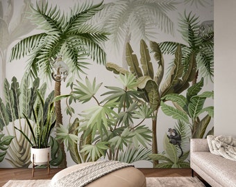 Tropical Palm Tree Jungle Wallpaper Peel & Stick / Unpasted, Retro Leaves Bedroom Wallpaper Removable Self Adhesive Vinyl, Living Room Mural