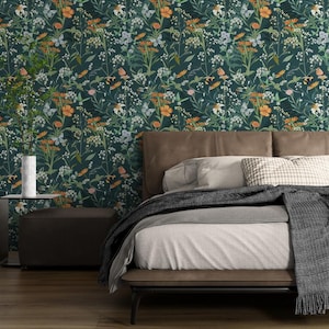 Bedroom Wallpaper Dark Floral Orange Wildflowers