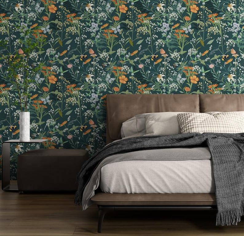 Bedroom Wallpaper Dark Floral Orange Wildflowers