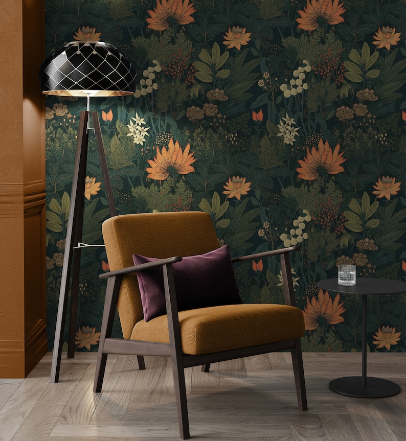 Wunderliche Wald dunkel botanische Tapete, Blattschale und Tapete entfernbares, Weinlese-selbstklebendes Vinylwand-Wandbild Wohnzimmer-Dekor Bild 6