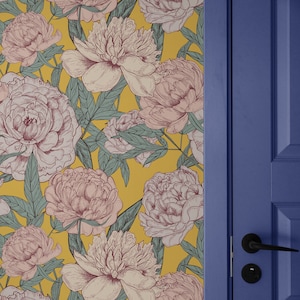 Papier peint rétro bohème pivoine / papier peint sans colle, fleurs roses pour chambre à coucher, papier peint floral auto-adhésif amovible en vinyle vintage